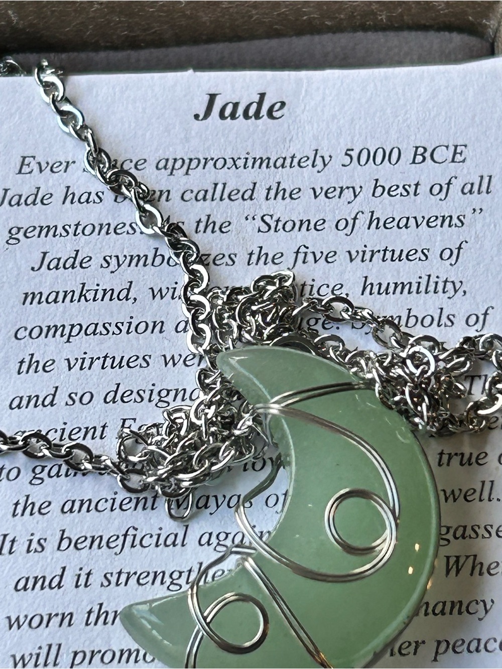 Jade Green Crescent Pendant Necklace by Jade with Silver Wire Accents NIB gift